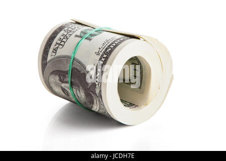 Rolled Us Dollar Notes Over White Background Stock Photo