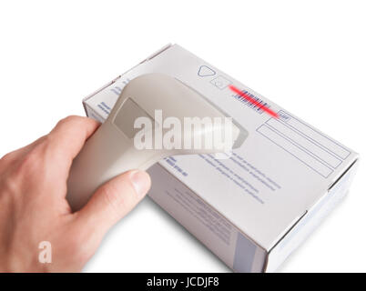 Man using a barcode scanner to scan a barcode on a product box using infrared isolated on white Stock Photo
