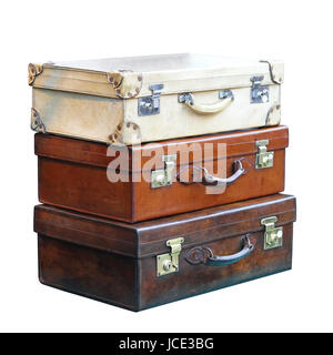 Three vitage leather suitcases  isolated included clipping path Stock Photo