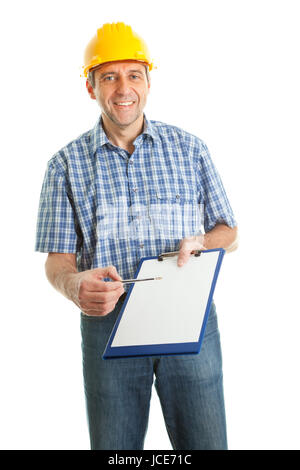 Technician offering to sign papers. Isolated on white Stock Photo