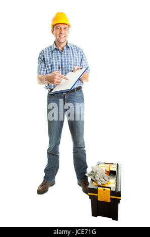 Technician offering to sign papers after finished work. Isolated on white Stock Photo