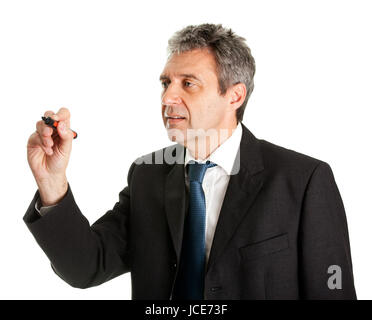 Businessman wring a sketch using marker. Isolated on white Stock Photo