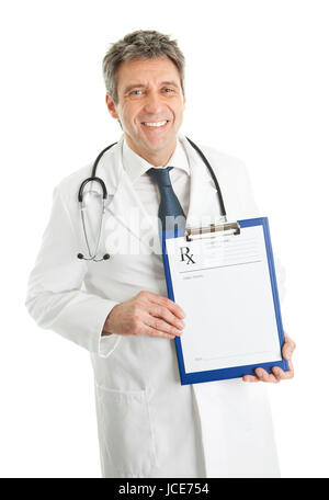 Senior medical doctor man showing prescription. Isolated on white Stock Photo