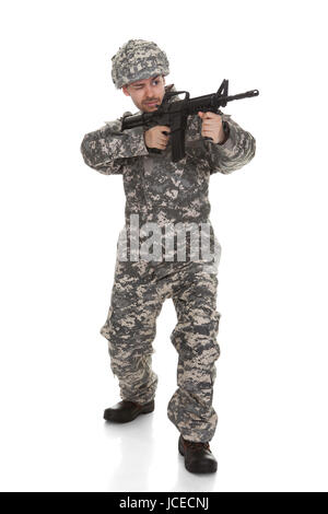 Soldier Aiming With Rifle Over White Background Stock Photo - Alamy