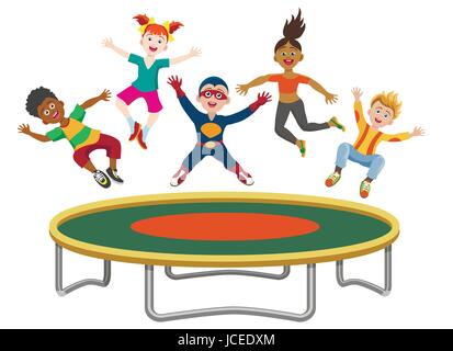 Energetic kids jumping on trampoline isolated on white background. Active happy girls and boys have fun gymnastic on the trampoline vector illustratio Stock Vector