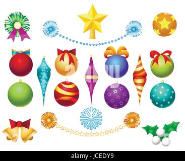 Xmas tree toys set isolated on white background. Christmas ornaments decoration balls and garlands, bells and bows vector illustration Stock Vector