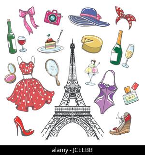 Colorful paris fashion sketch collection. Woman hand drawn fashionable accessoriesfor girls travel and shopping isolated on white background. Vector i Stock Vector