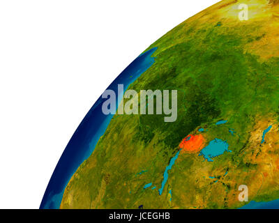 Rwanda in red on topographic globe. 3D illustration with detailed planet surface. Elements of this image furnished by NASA. Stock Photo