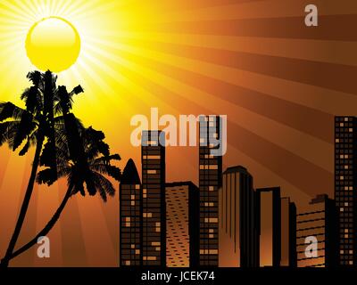 Silhouette of a Tropical City Sunset with Buildings and Palm Trees Stock Vector