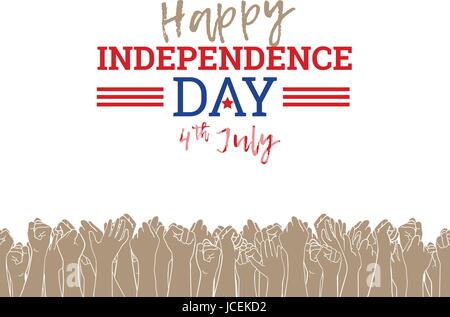 Independence Day in USA, July 4th. Greeting card or banner template, vector design element. Poster with raised hands of many people, voting for freedo Stock Vector