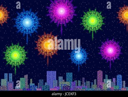 Horizontal Seamless Landscape, Holiday Urban Tile Background, Night City with Skyscrapers and Fireworks in Starry Sky. Eps10, Contains Transparencies. Stock Vector