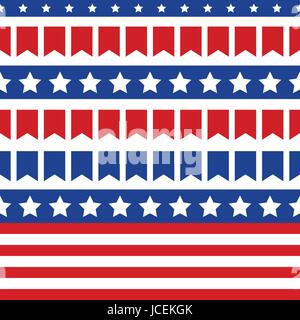 Independence Day in USA, July 4th. Seamless pattern of small flags, white stars and colorful stripes, symbol of USA national flag. Tileable vector bac Stock Vector