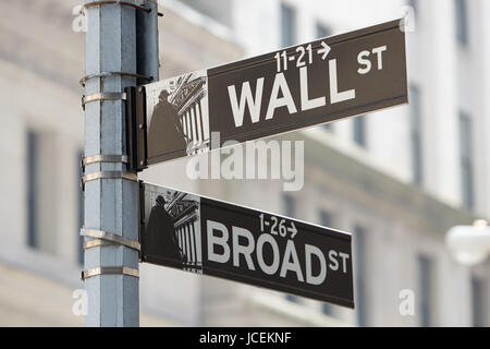 Wall Street and Broad Street corner sign near Stock Exchange, financial district in New York in a sunny day Stock Photo