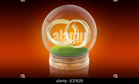 Transparent sphere glass ball with golden marriage rings on the grass inside. 3D rendering. Stock Photo