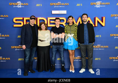 Director John Watt (R - L), Zendaya, Tom Holland, Producer Amy Pascal and Producer Kevin Feige attending the Spider-Man: Homecoming Photocall held at the Ham Yard Hotel, London. Stock Photo