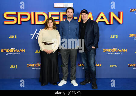 Producer Amy Pascal (L - R) Director John Watts and Producer Kevin Feige attending the Spider-Man: Homecoming Photocall held at the Ham Yard Hotel, London. Stock Photo