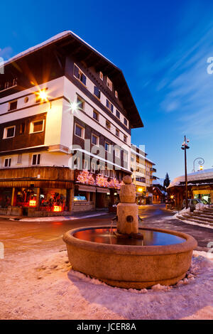 Beautiful Fountain in Megeve At Morning, French Alps Stock Photo
