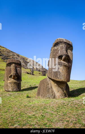 Moais statues on Rano Raraku volcano, easter island, Chile Stock Photo