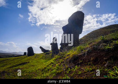 Moais statues on Rano Raraku volcano, easter island, Chile Stock Photo