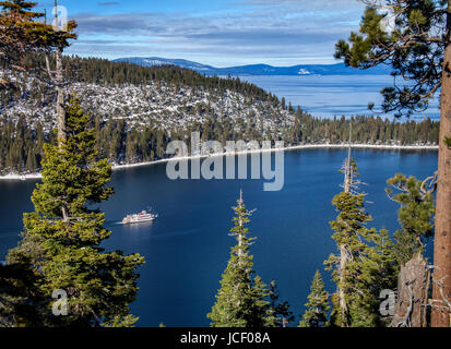 An image of the Tahoe Queen paddle wheel cruise ship on a winter excursion in Lake Tahoe's Emerald Bay. Stock Photo