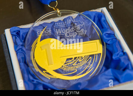 Prague, Czech Republic. 15th June, 2017. The winner's trophy is displayed at the press conference prior to the 2017 ICF Canoe Slalom World Cup in Prague, Czech Republic on June 15, 2017. Credit: Vit Simanek/CTK Photo/Alamy Live News Stock Photo