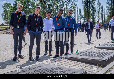 HANDOUT - A handout made available on 15 June 2016 shows the German under-21 football team visiting the Auschwitz-Birkenau memorial and museum in Poland. One day before the start of the Under-21 European Championship in Poland, the team commemorated the victims of National Socialism at the former concentration camp.  (ATTENTION EDITORS: FOR EDITORIAL USE ONLY / MANDATORY CREDIT: Photo: Sung-Bin Hong/DFB/dpa Stock Photo