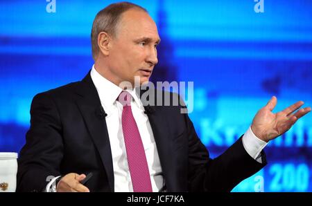 Moscow, Russia. 15th June, 2017. Russian President Vladimir Putin responds to a question during his annual live televised call-in show dubbed A Direct Line With Putin June 15, 2017 in Moscow, Russia. During the show Putin blamed domestic U.S. problems for sanctions imposed on Russia. Credit: Planetpix/Alamy Live News Stock Photo