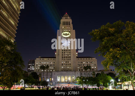 Los Angeles, California, USA. 15th June, 2017.  The City of Los Angeles honored the late actor Adam West, best known for his role as Batman, with a ceremonial lighting of the Bat-Signal projected on City Hall in downtown Los Angeles on June 15th, 2017.  The Bat-Signal is an iconic symbol of the Batman character and consists of a yellow oval light with a bat silhouette in the middle.  Credit:  Sheri Determan/Alamy Live News Stock Photo
