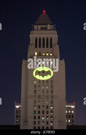 Los Angeles, California, USA. 15th June, 2017.  The City of Los Angeles honored the late actor Adam West, best known for his role as Batman, with a ceremonlal lighting of the Bat-Signal projected on City Hall in downtown Los Angeles on June 15th, 2017.  The Bat-Signal is an  iconic symbol of the Batman character and consists of a yellow oval light with a bat silhouette in the middle.  Credit:  Sheri Determan/Alamy Live News Stock Photo