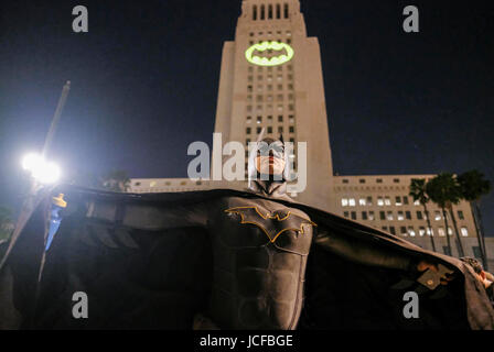 Los Angeles, USA. 15th June, 2017. A man dressed as 'Batman' attends a tribute of 'Batman' actor Adam West in Los Angeles, the United States, June 15, 2017. Adam West, the American actor best known as the star of the 1966-1968 ABC series Batman, has died at 88. Credit: Zhao Hanrong/Xinhua/Alamy Live News Stock Photo