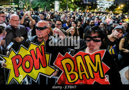 Los Angeles, USA. 15th June, 2017. People attend a tribute of 'Batman' actor Adam West in Los Angeles, the United States, June 15, 2017. Adam West, the American actor best known as the star of the 1966-1968 ABC series Batman, has died at 88. Credit: Zhao Hanrong/Xinhua/Alamy Live News Stock Photo