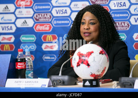 Saint Petersburg, Russia. 16th June, 2017. FIFA Secretary General Fatma Samoura speaks during a press conference before the FIFA Confederations Cup 2017 in Saint Petersburg, Russia, June 16, 2017. Credit: Bai Xueqi/Xinhua/Alamy Live News Stock Photo