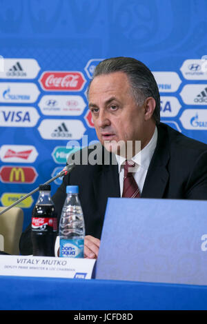 Saint Petersburg, Russia. 16th June, 2017. Vitaly Mutko, Russian Federation Deputy Prime Minister and Local Organising Committee (LOC) Chairman speaks during a press conference before the FIFA Confederations Cup 2017 in Saint Petersburg, Russia, June 16, 2017. Credit: Bai Xueqi/Xinhua/Alamy Live News Stock Photo