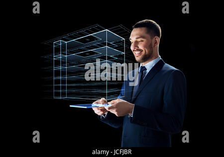 businessman with tablet pc and virtual building Stock Photo