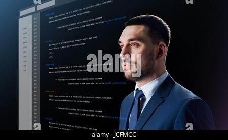 businessman with coding on virtual screen Stock Photo