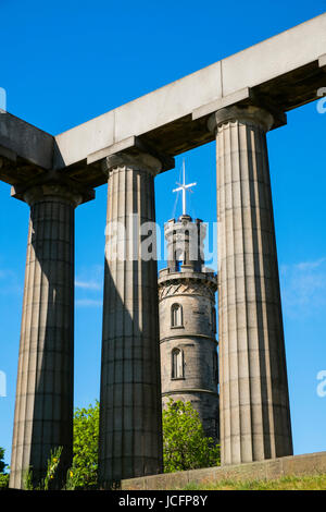 The Nelson Monument and National Monument on Calton Hill in Edinburgh, Scotland, United Kingdom Stock Photo