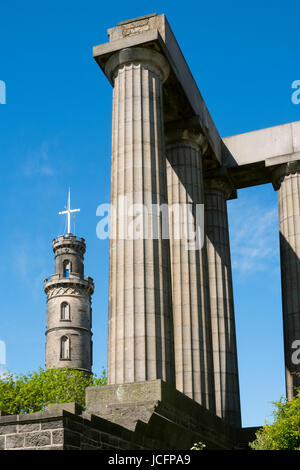 The Nelson Monument on left and National Monument on Calton Hill in Edinburgh, Scotland, United Kingdom Stock Photo