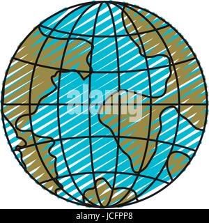 color crayon silhouette front view globe earth world chart with lines ...