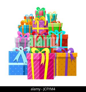 Big surprise vector illustration. Gifts or presents boxes pile isolated on white background for celebration design Stock Vector
