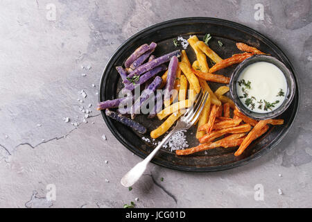 Variety of french fries traditional potatoes, purple potato, carrot served with white cheese sauce, salt, thyme on vintage tray over gray texture back Stock Photo
