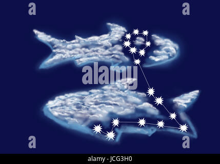 pisces. zodiacal sign pisces with stars on blue background Stock Photo