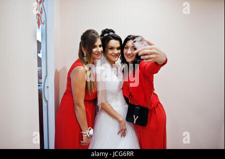 Beautiful bride with cool bridesmaids taking selfie on a smartphone on a wedding day. Stock Photo