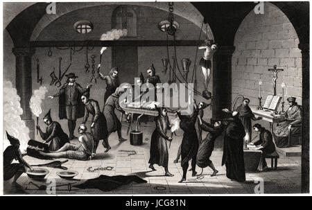 1843 Bilder print of a Medieval dungeon scene of various tortures of heretics during the Spanish Inquisition. Stock Photo