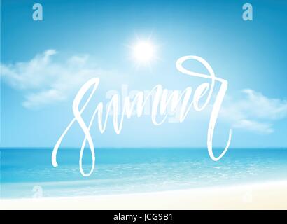 Summer Brush lettering composition on blue sea background. Vector illustration Stock Vector