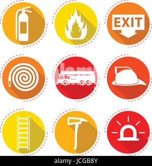 9 Easy-To-Use Fire Fighter Flat Icons Designed as Red & Yellow Theme With Long Shadow Stock Vector