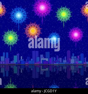 Horizontal Seamless Landscape, Holiday Urban Tile Background, Night City with Skyscrapers and Fireworks in Starry Sky, Reflecting in Blue Sea. Eps10,  Stock Vector