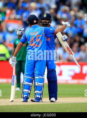 India's Rohit Sharma (left) and Virat Kohli (right) celebrate during the ICC Champions Trophy, semi-final match at Edgbaston, Birmingham. Stock Photo