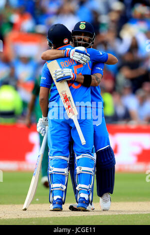 India's Rohit Sharma (left) and Virat Kohli (right) celebrate during the ICC Champions Trophy, semi-final match at Edgbaston, Birmingham. Stock Photo