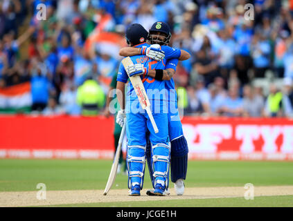 India's Rohit Sharma (left) and Virat Kohli (right) celebrate during the ICC Champions Trophy, semi-final match at Edgbaston, Birmingham. Stock Photo