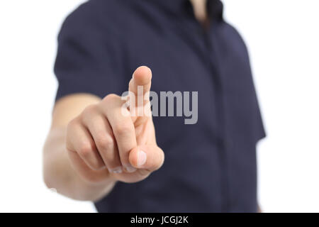 Closeup of a man hand checking a button on a white background Stock Photo